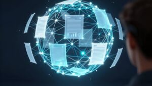 Футуристическая визуализация того, как работает автоматизация документооборота и тренды 2026 года